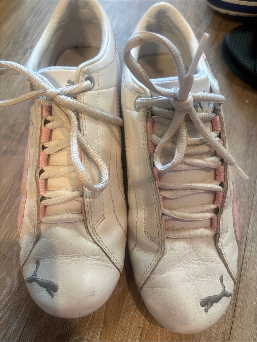 Puma White Leather Sneakers with Pink Lace Detailing